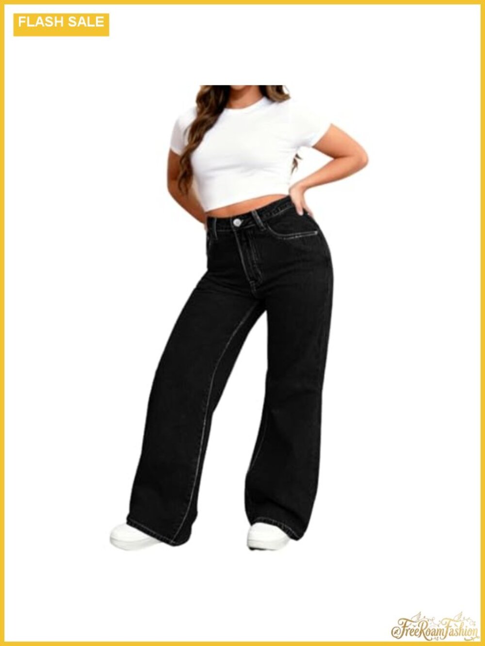 Women's Plus Size High Waist Wide Leg Stretch Jeans Straight Leg Denim Pants - Picture 5 of 5